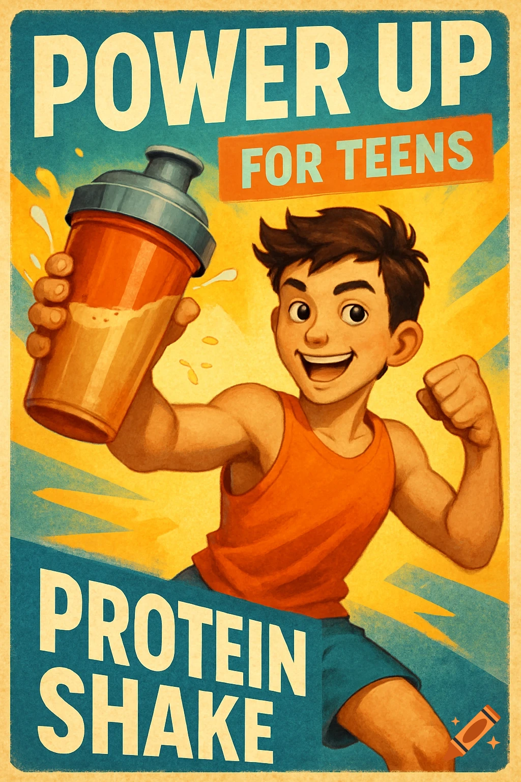 Vintage-style poster of a smiling teen boy holding up a protein shake, with the text "POWER UP FOR TEENS PROTEIN SHAKE."