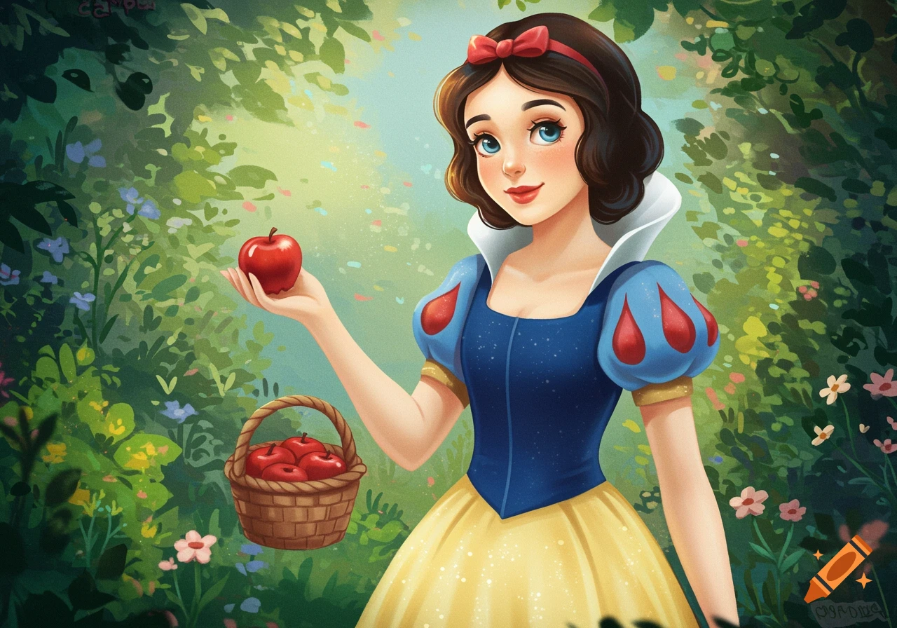 Cartoon illustration of Snow White in a forest holding a red apple.
