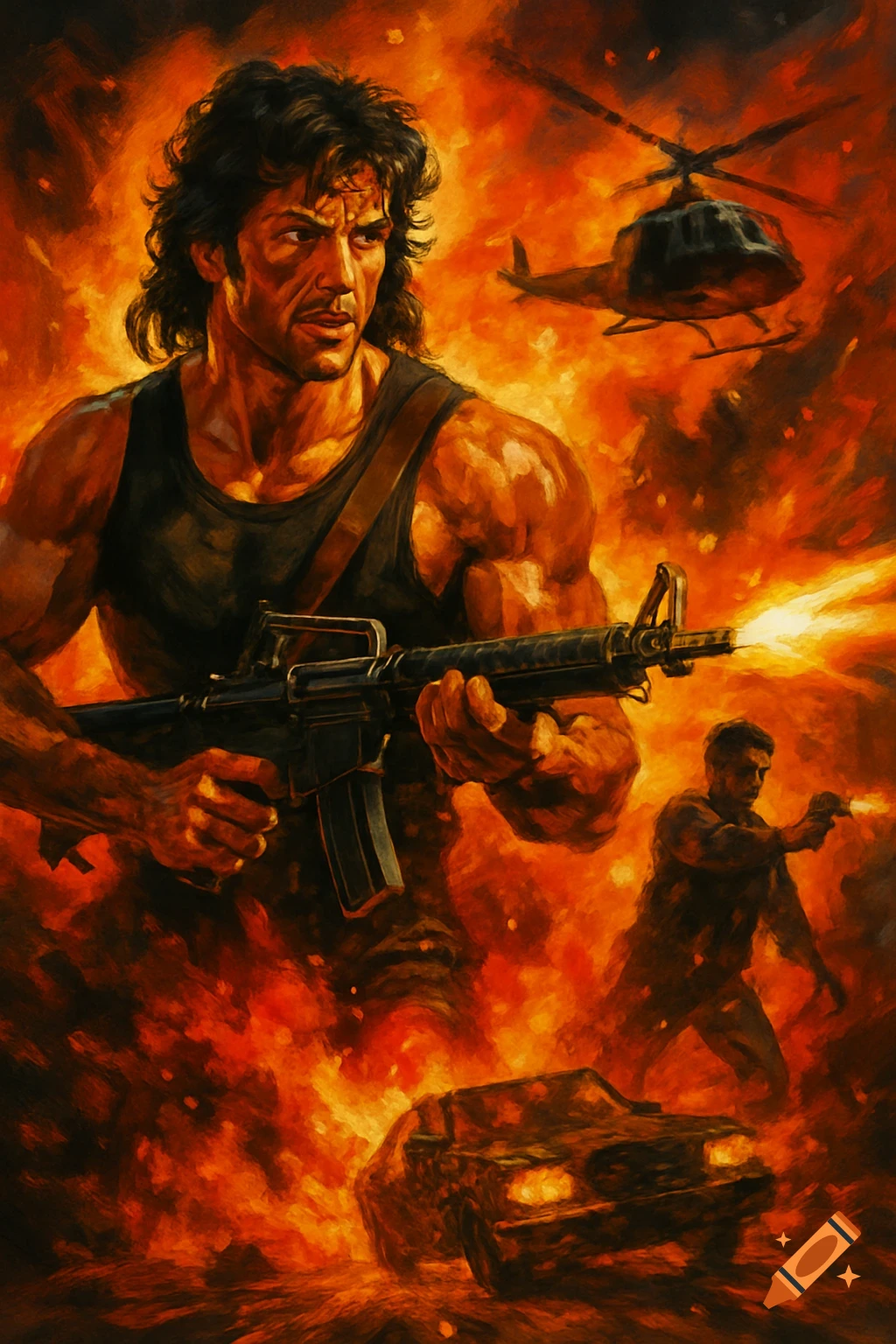 Illustration of an action hero shooting a rifle in a fiery scene with a helicopter and car.