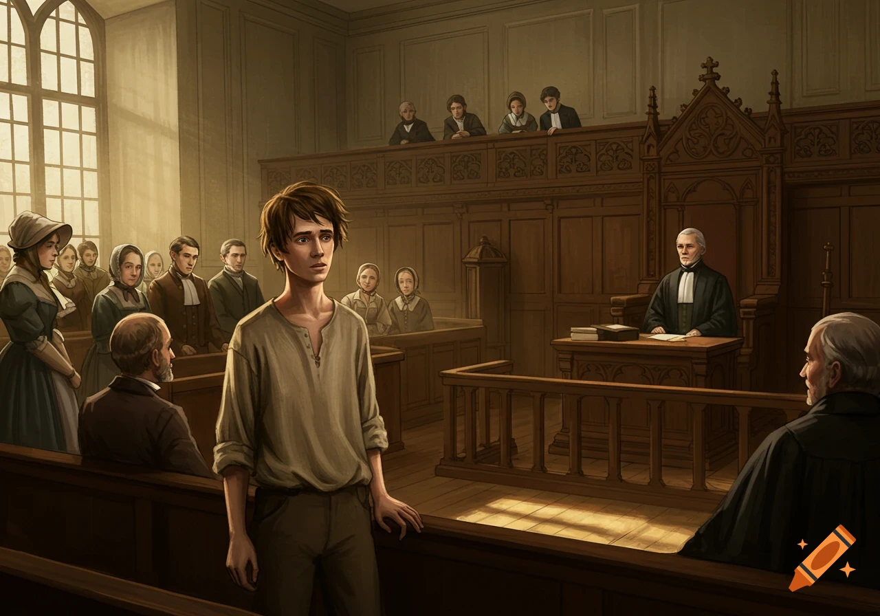 Illustration of a young man standing trial in a historical courtroom.