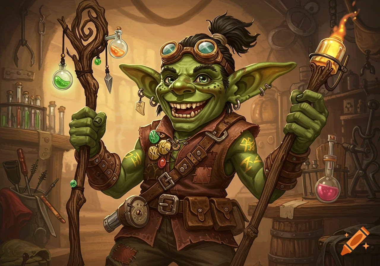A grinning goblin alchemist stands in a workshop holding two staffs.