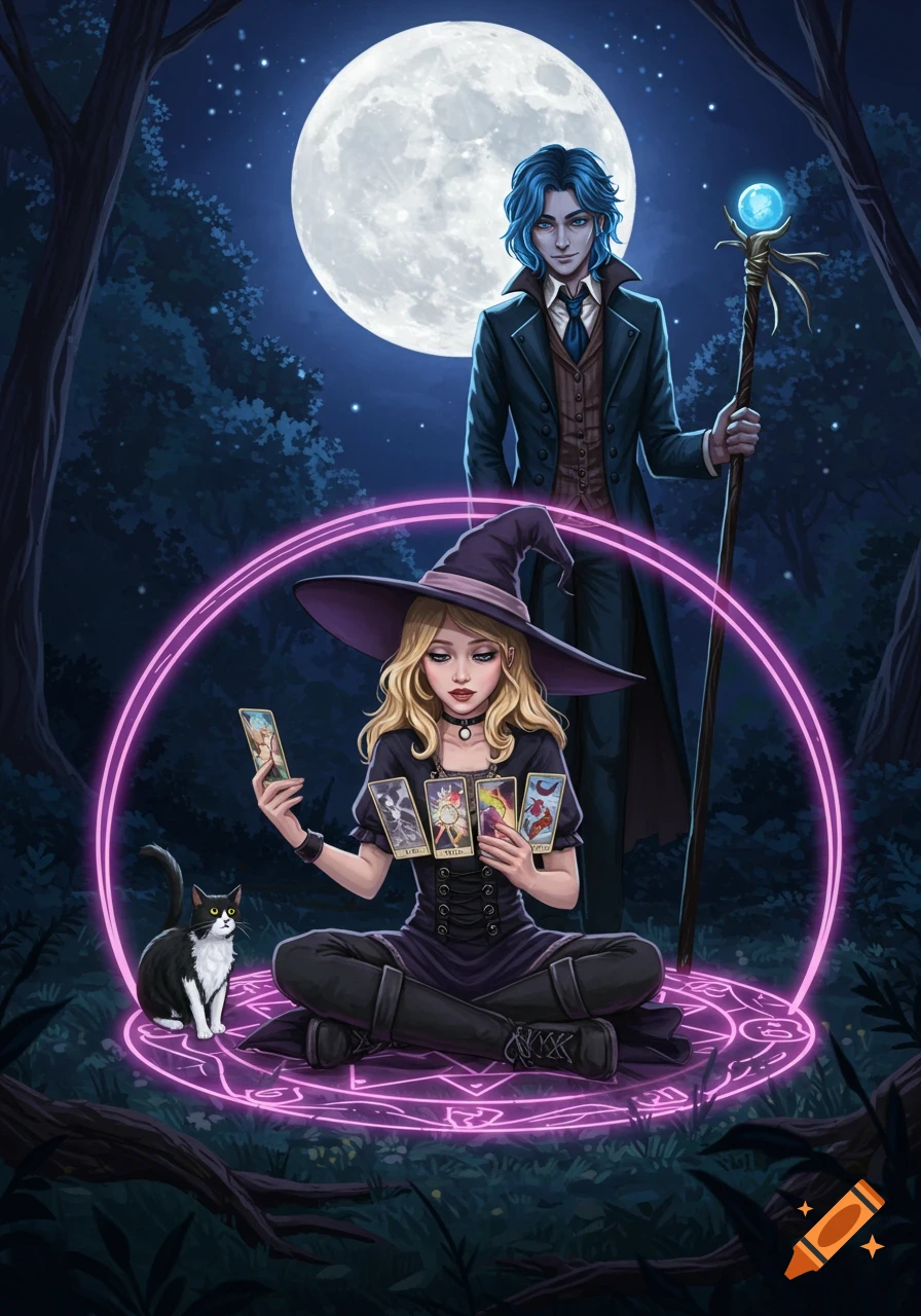 A young witch does tarot with her cat under a full moon in a forest while a man with a staff watches.