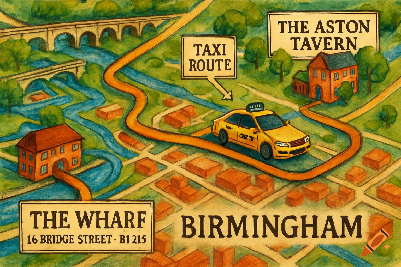 Watercolor illustration of a taxi route map in Birmingham, showing landmarks like The Wharf, The Aston Tavern, a river, and bridges.
