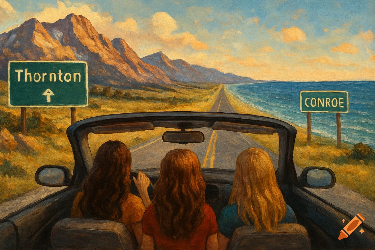 Three people in a convertible drive on a road between mountains and the ocean, with signs for Thornton and Conroe, in a painting style.