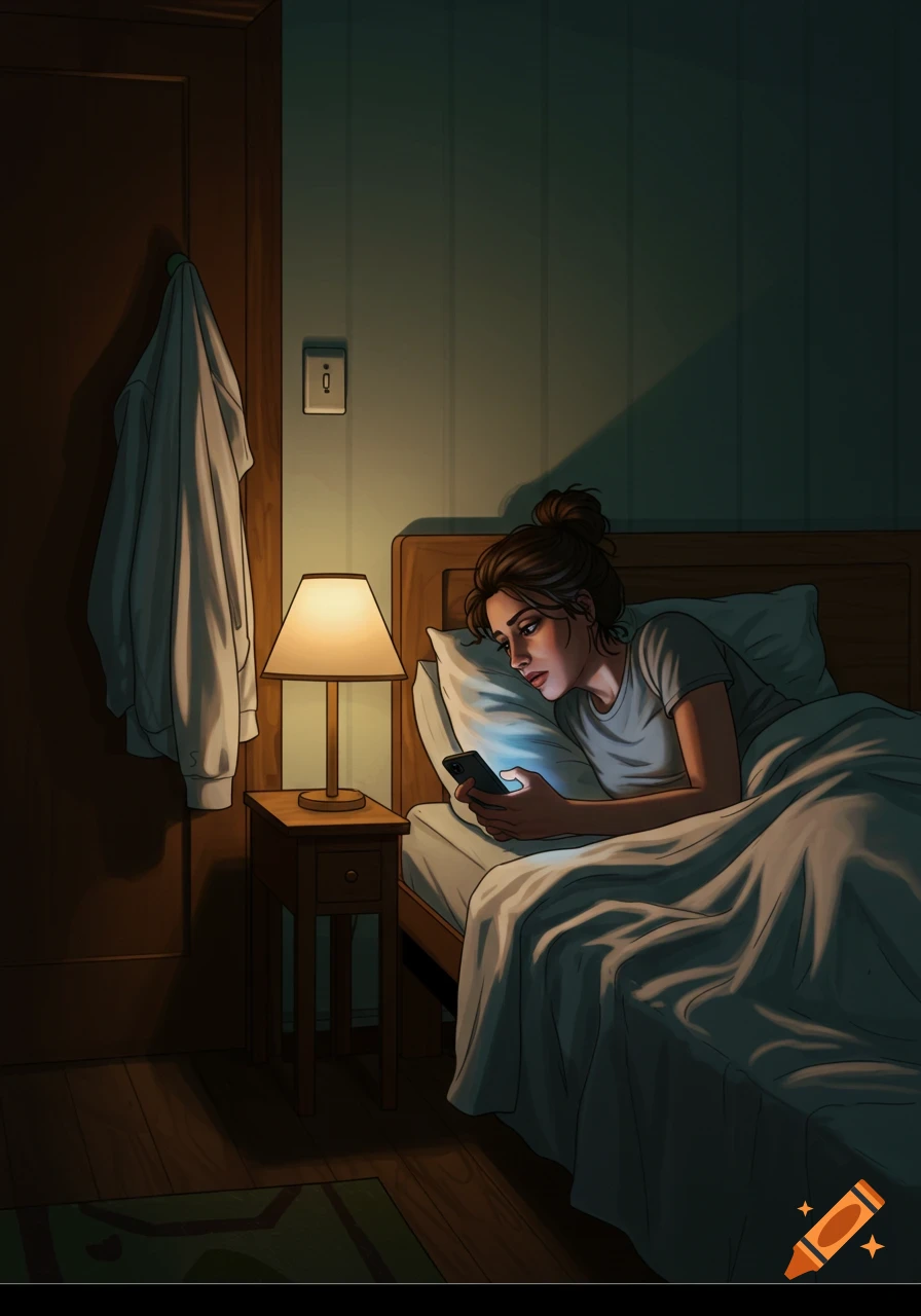 An illustration of a woman in bed looking at her phone in a dimly lit bedroom.