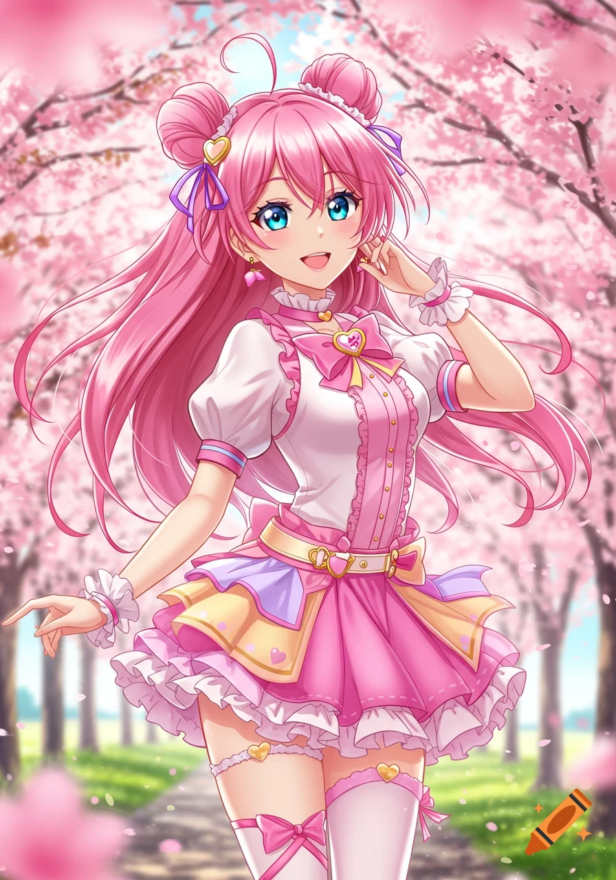 A young anime girl with pink hair and a pink dress smiles in a cherry blossom park.