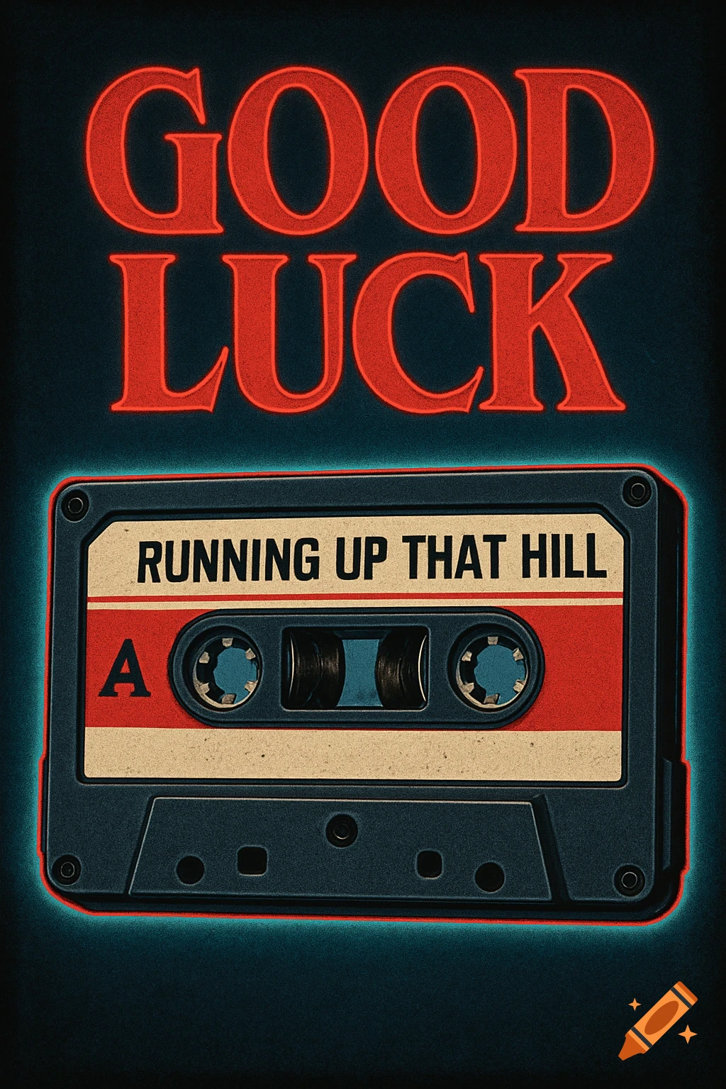 Retro style poster with red "GOOD LUCK" text and a cassette tape labeled "RUNNING UP THAT HILL" on a dark background.