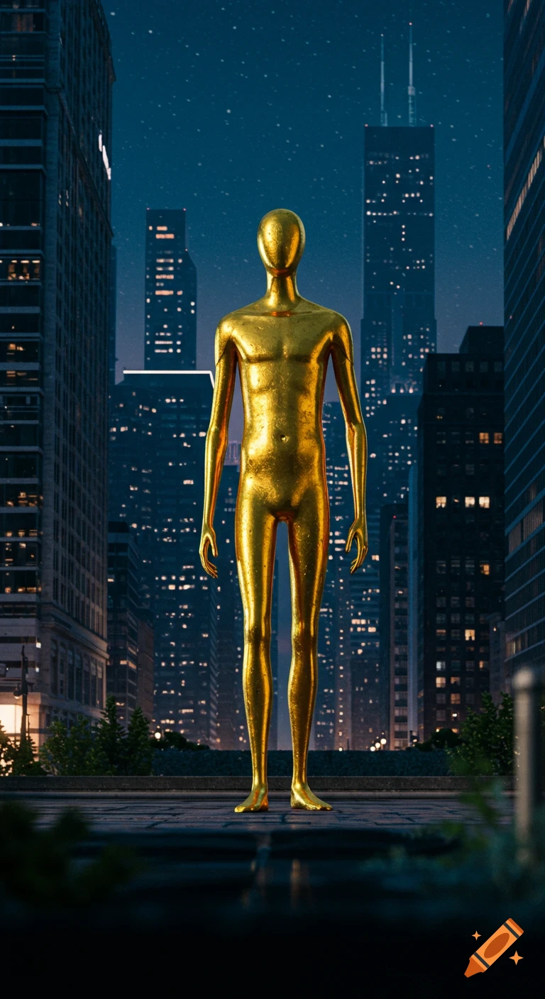 A tall golden figure stands on a rooftop overlooking a city skyline at night.