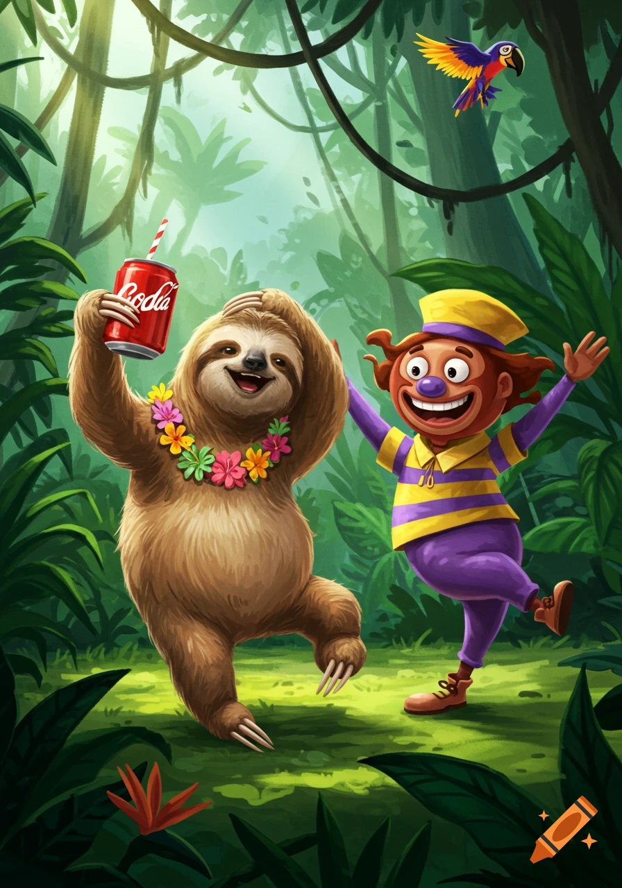 A sloth and a cartoon character dance in a rainforest, holding a soda can.