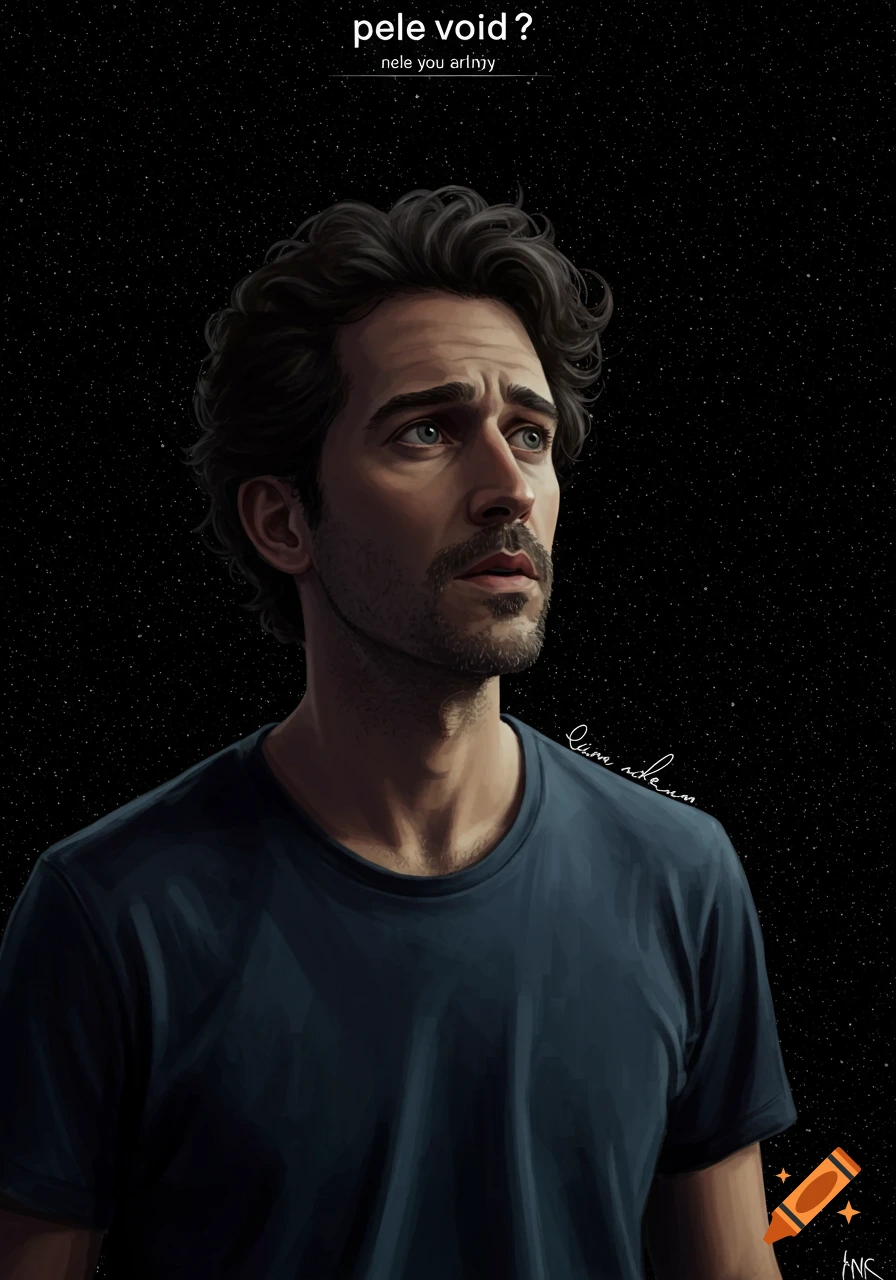 Portrait of a man looking up at a dark, starry sky in a digital painting style.