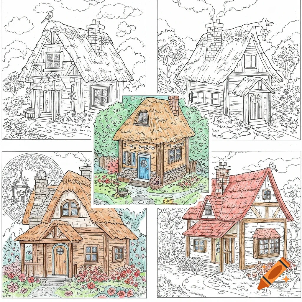 Collage of line drawings and one colored drawing of whimsical cottages suitable for coloring pages.