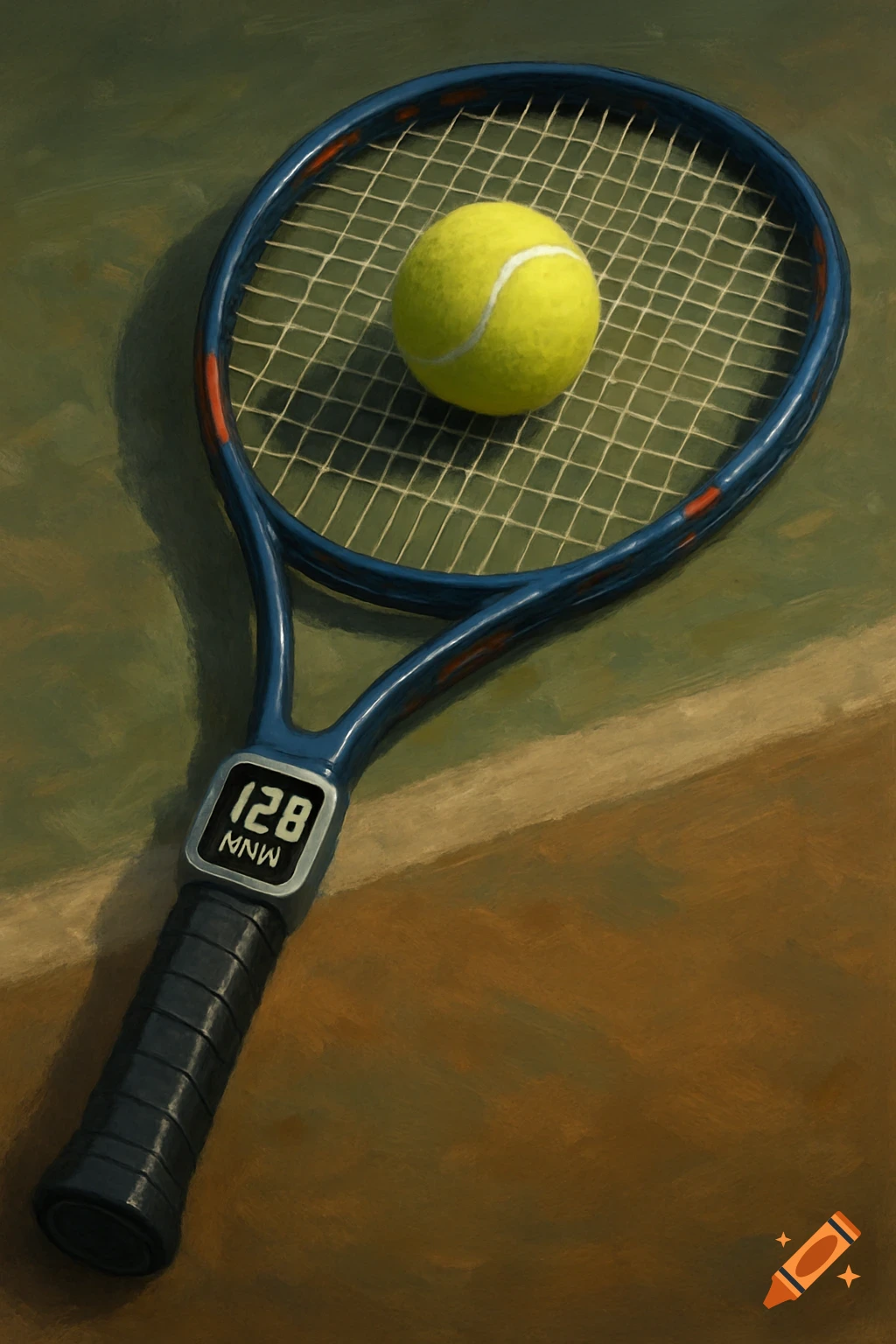 Painterly image of a tennis racquet with a tennis ball on its strings, lying on a court. A screen is visible on the handle.