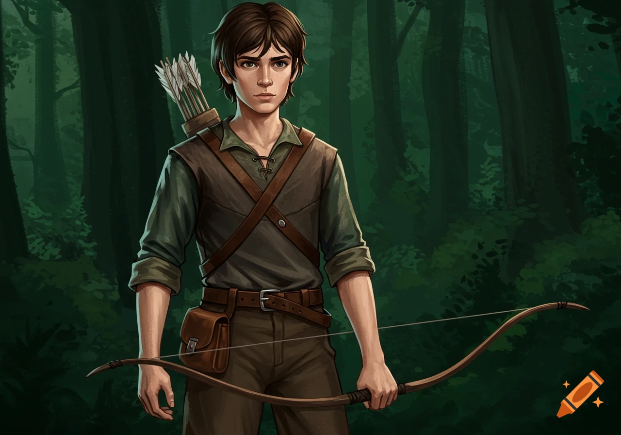 An illustration of a young man dressed as a ranger or archer, holding a bow and standing in a forest.