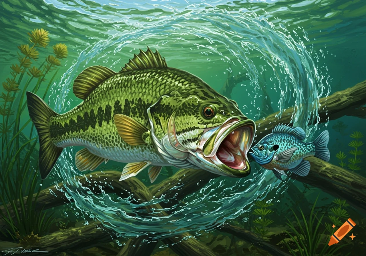 Largemouth bass chasing a bluegill underwater, illustration.
