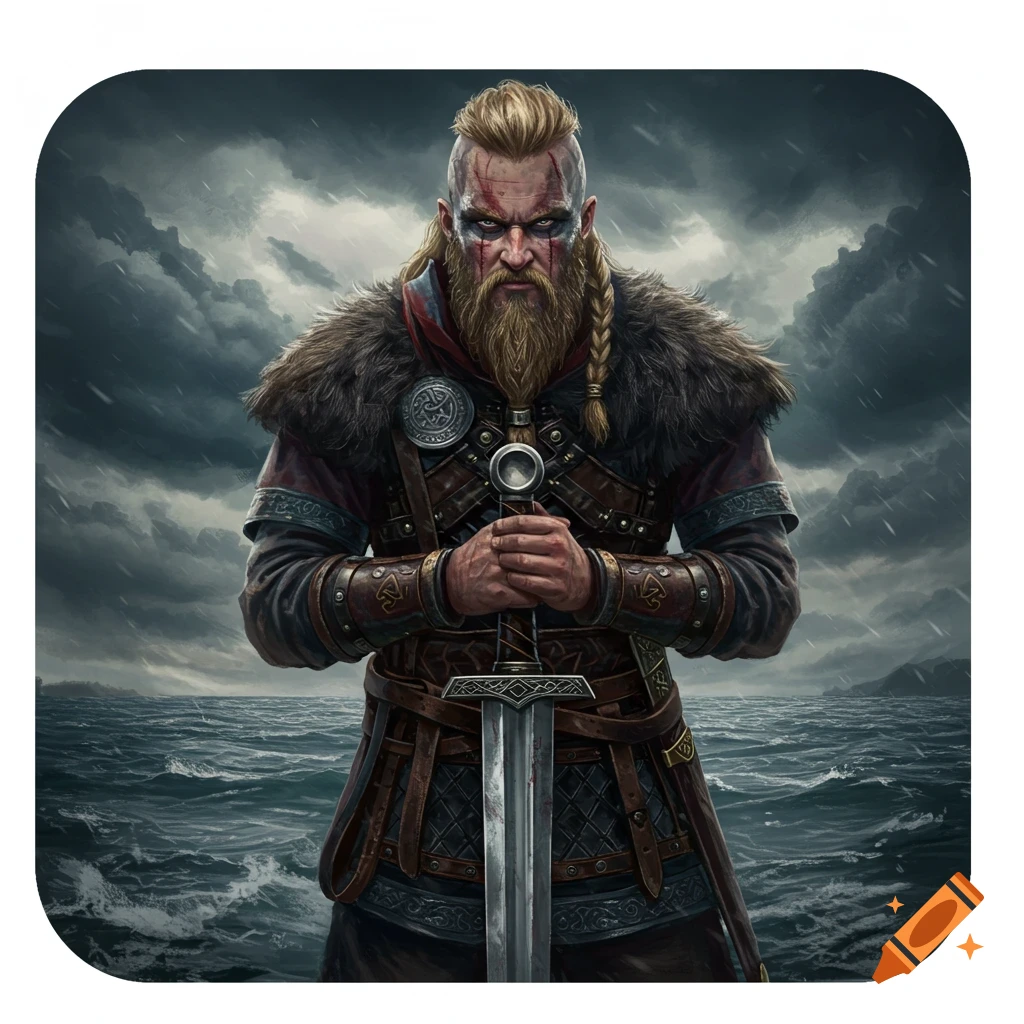 A Viking warrior with a sword stands by a stormy sea.