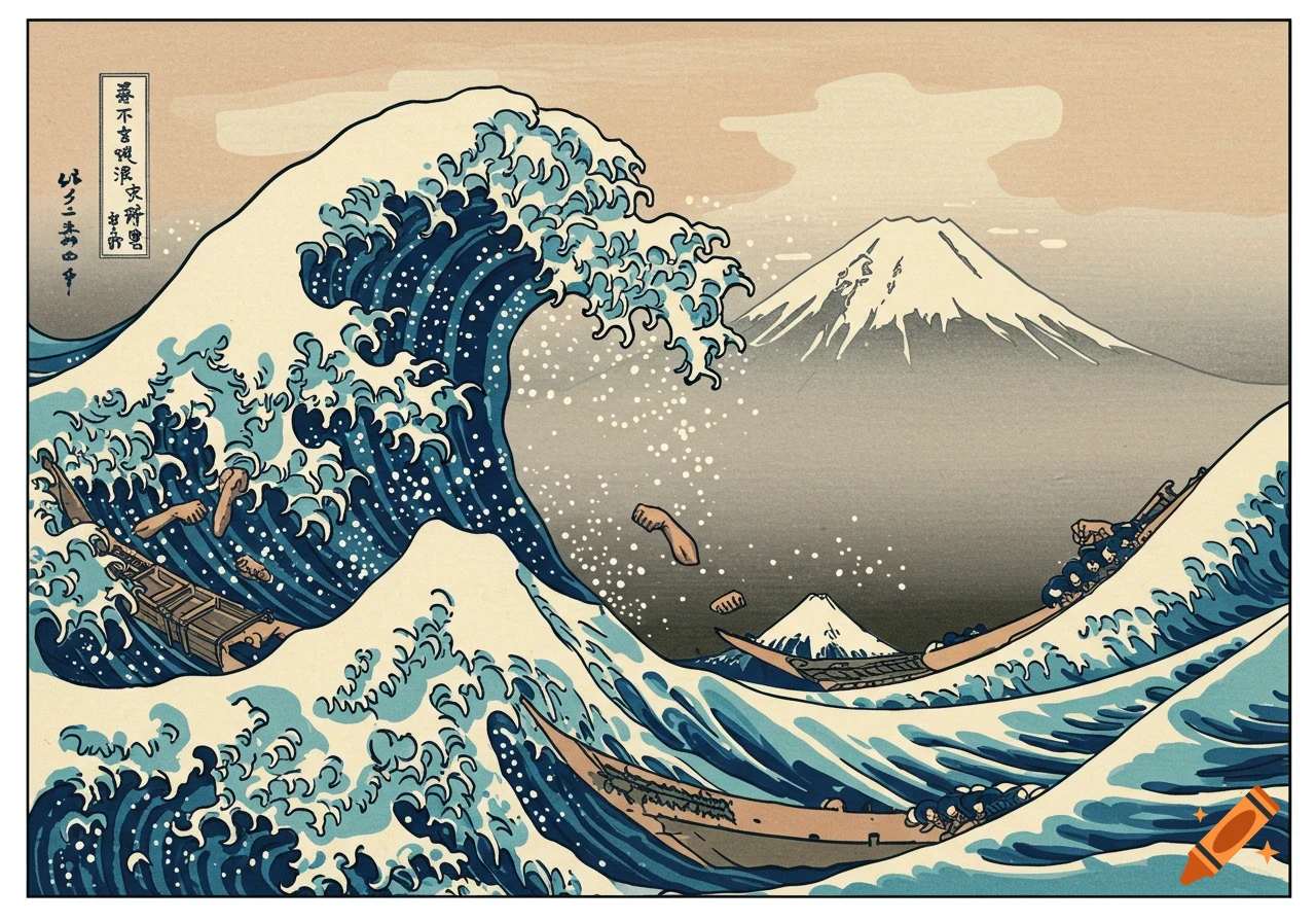 Parody print of The Great Wave, with the wave formed by flexing arms, showing boats and Mount Fuji.