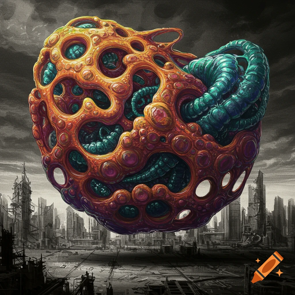 A colorful, textured biomorphic object floats above a city in a charcoal style.