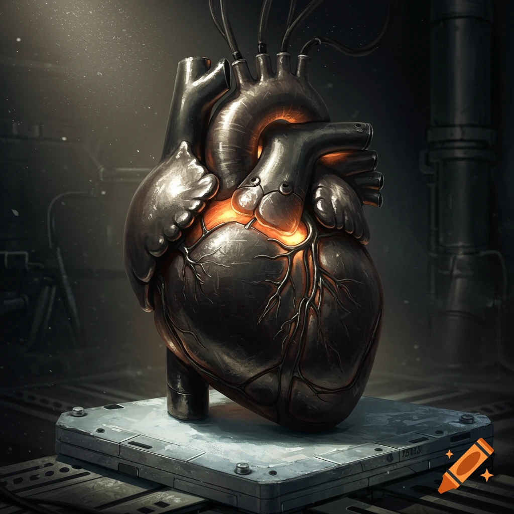 A metallic mechanical heart with glowing core in an industrial setting.
