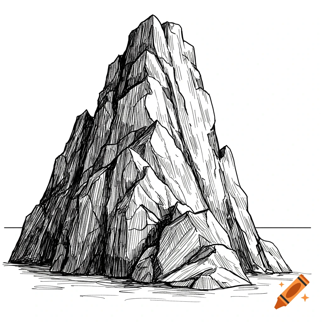 Black and white line drawing of a rocky mountain.