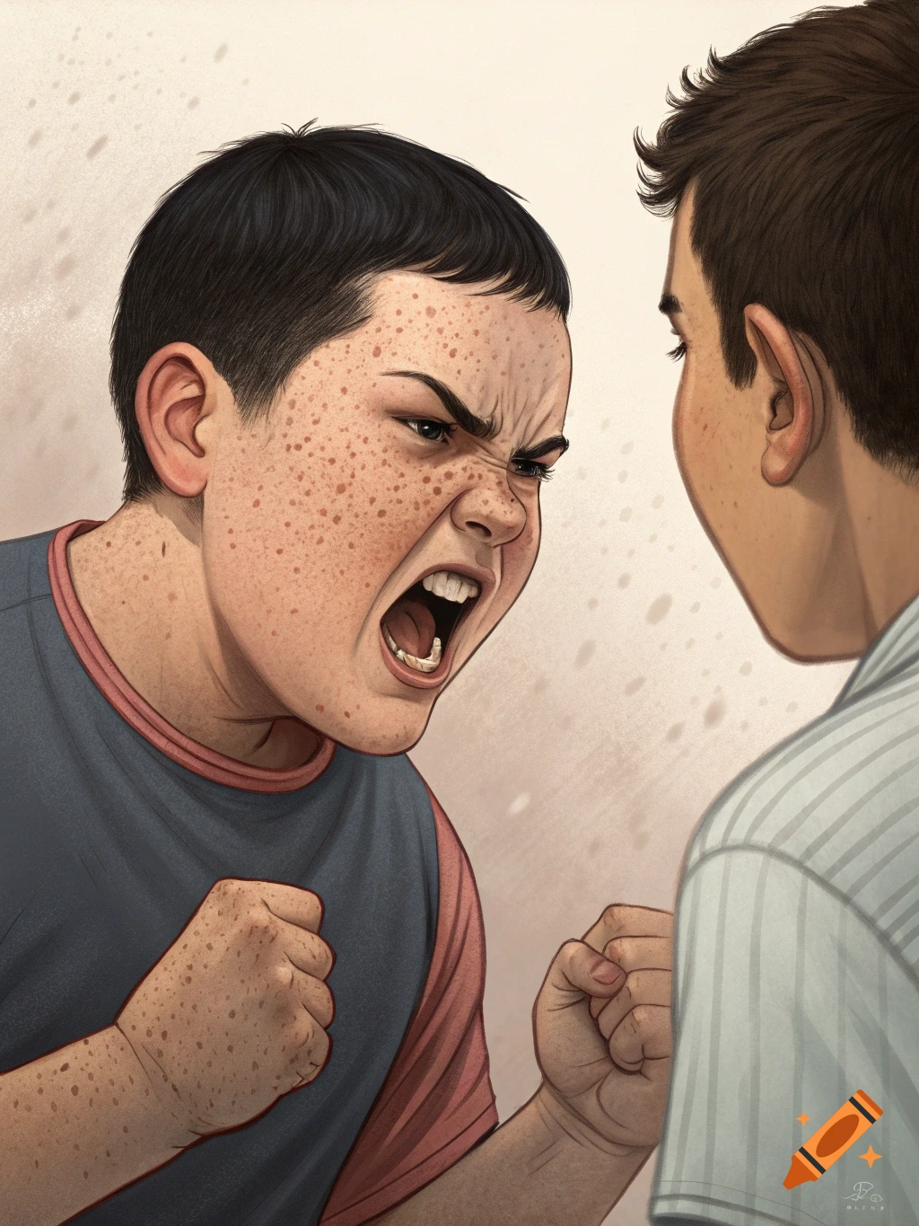 Illustration of a boy with freckles yelling fiercely at another boy, seen from behind.