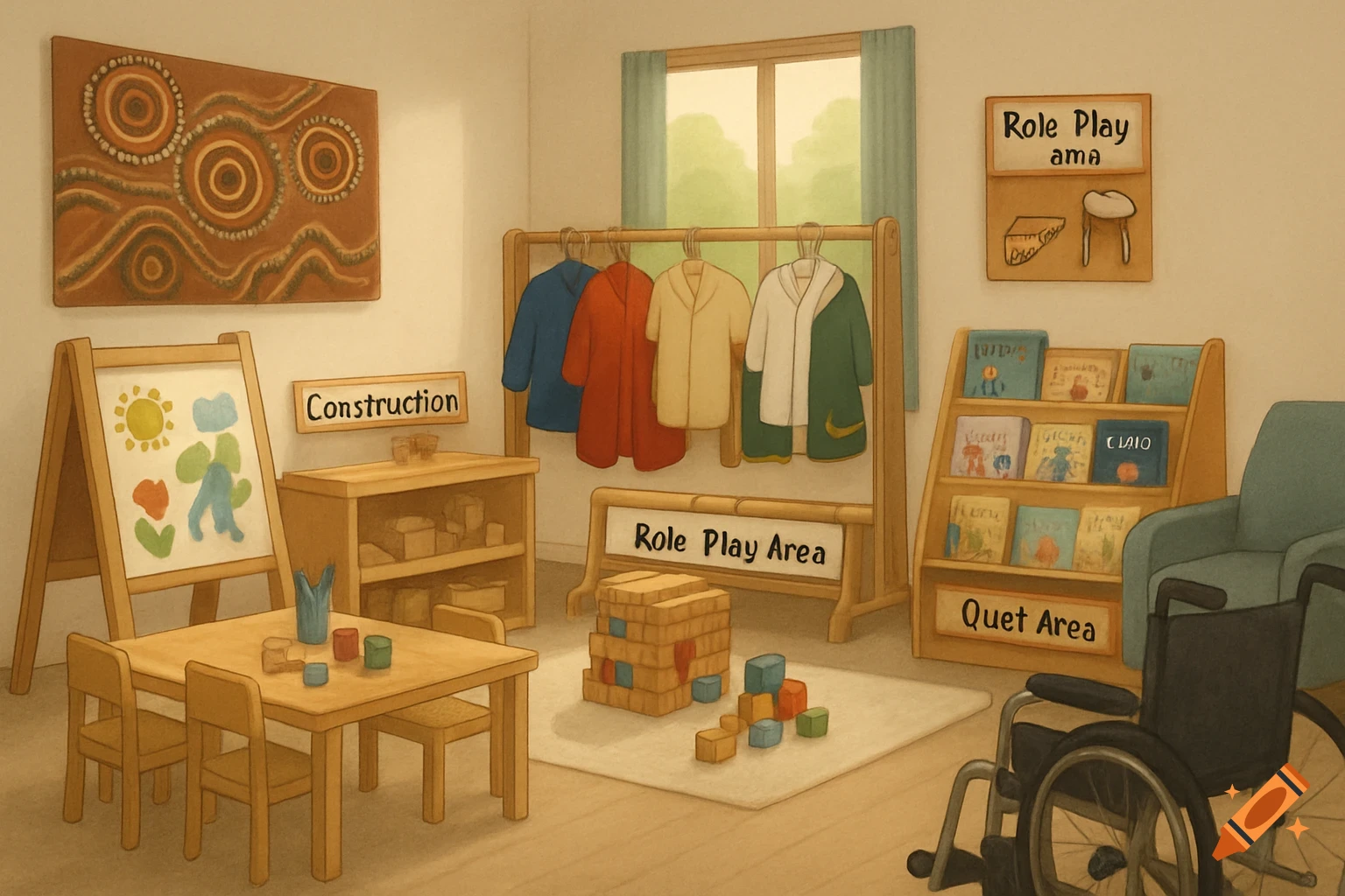 Illustration of an early childhood classroom with art, construction, dress-up, reading, and quiet areas, and a wheelchair.