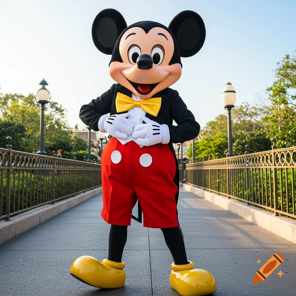 Person in a Mickey Mouse costume stands outside.