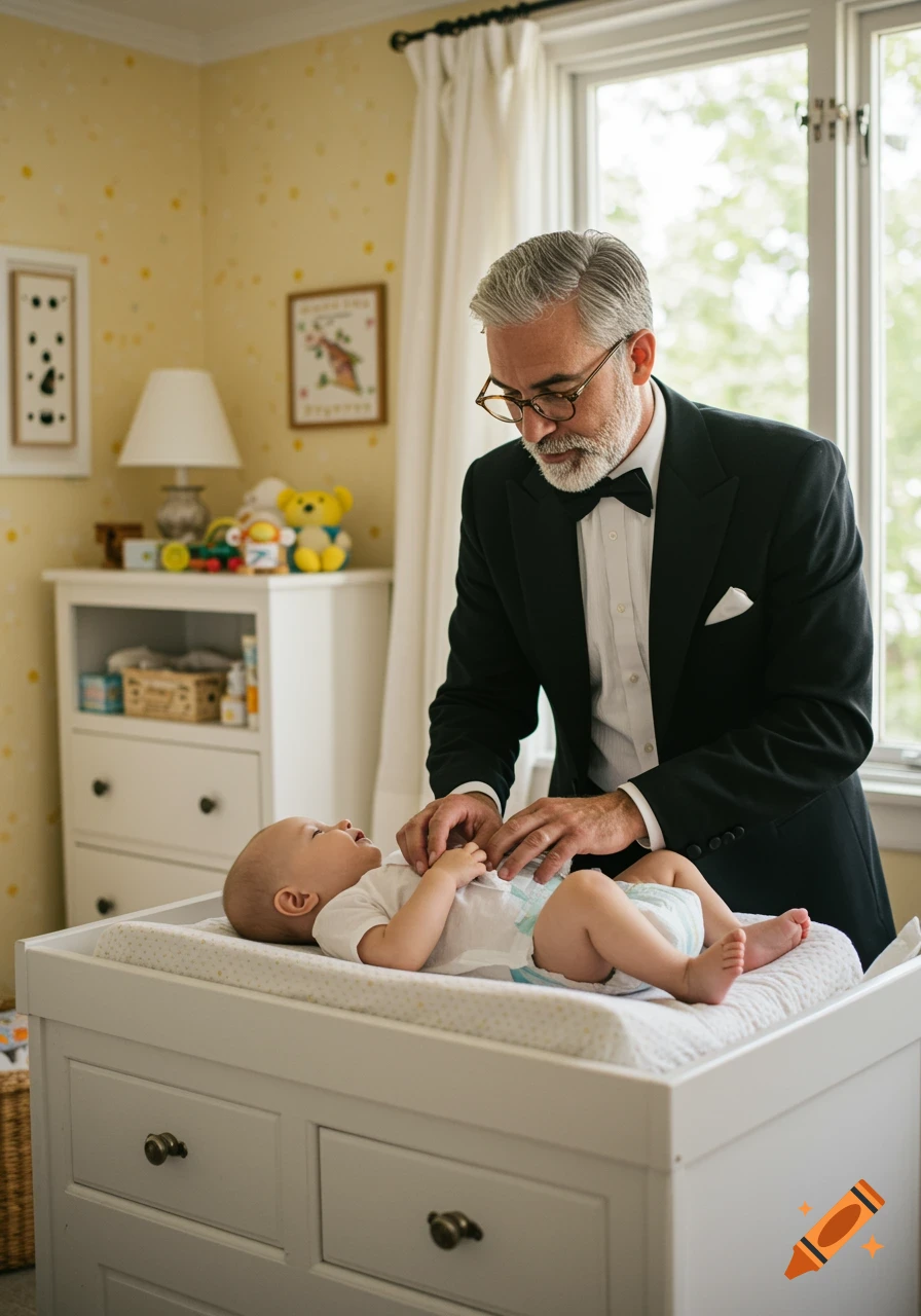 Man in tuxedo changes baby's diaper on changing table in a nursery. Photorealistic style.