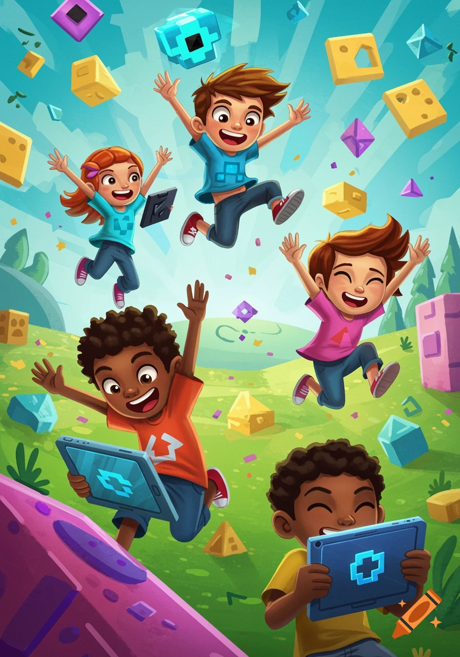 Happy cartoon kids jump and play with tablets surrounded by floating geometric shapes and confetti in a bright, colorful landscape.