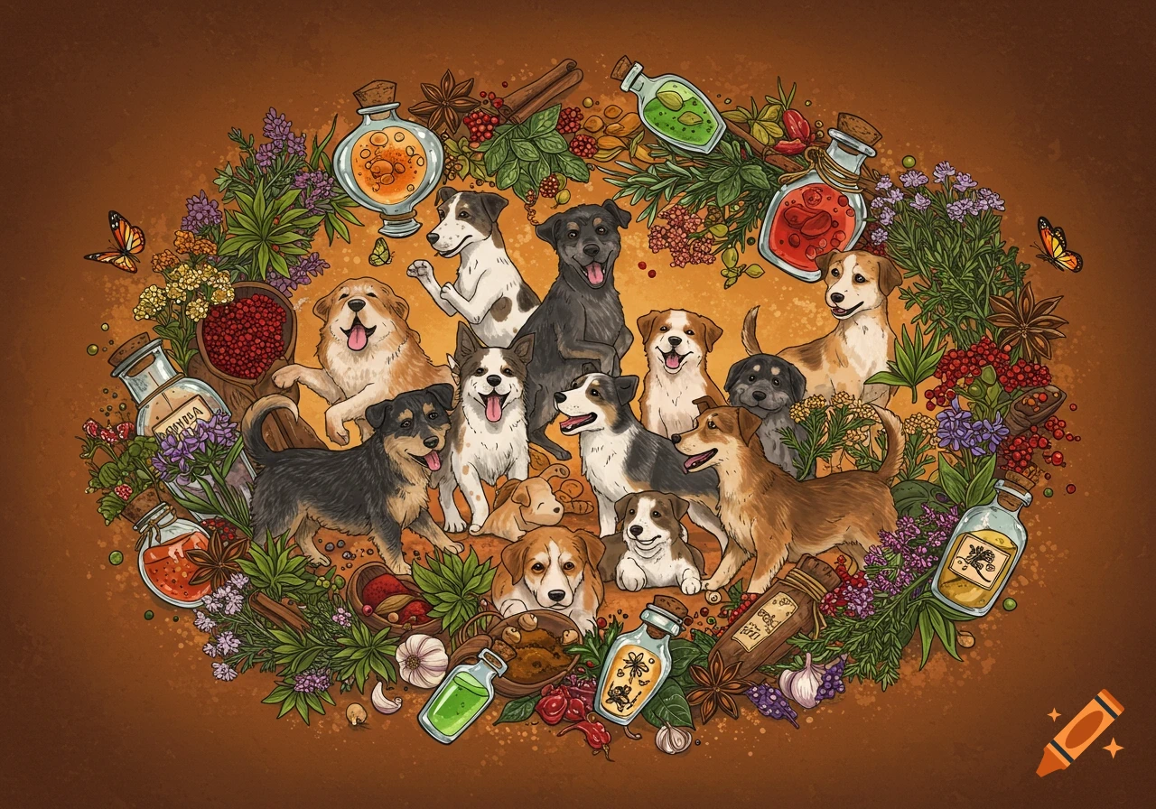 An illustration of happy mutts surrounded by herbs, spices, and apothecary bottles.