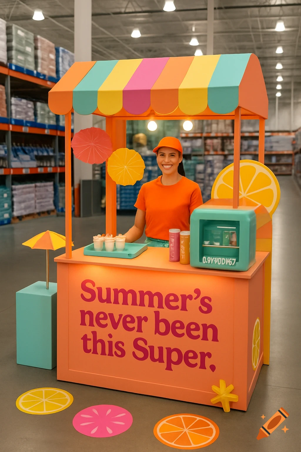 Person stands at a colorful summer-themed sampling booth in a store.