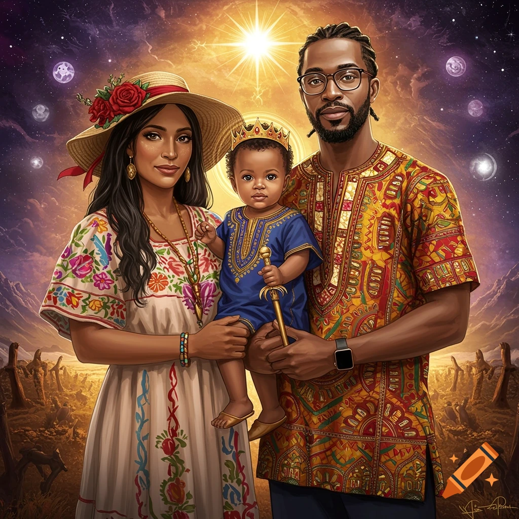 Family portrait in cultural clothes against cosmic background with bright light, digital art