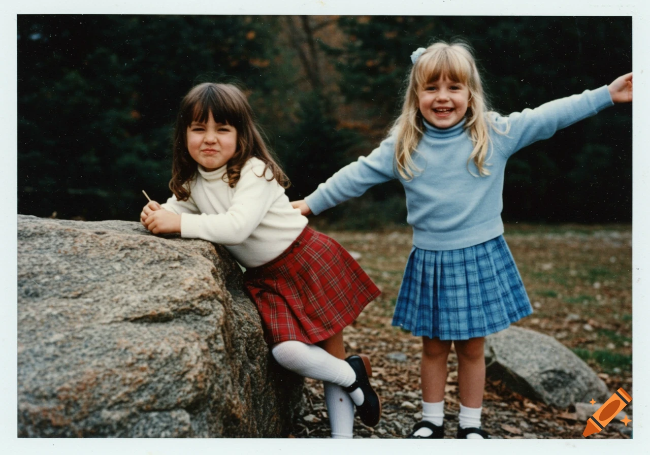 Two girls in plaid skirts outdoors, one leaning on a rock and squinting, the other smiling widely with arms raised, 1990s polaroid.