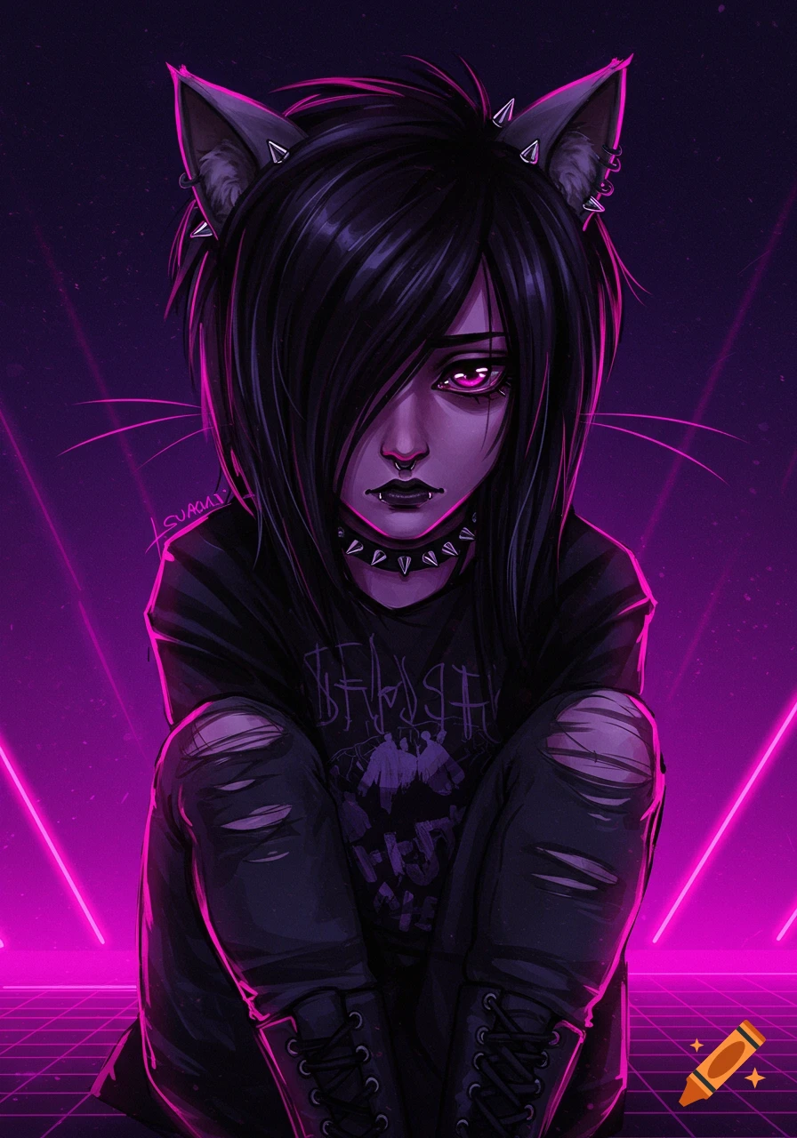An emo person with cat ears and ripped clothes sits in a purple neon environment. Digital art.