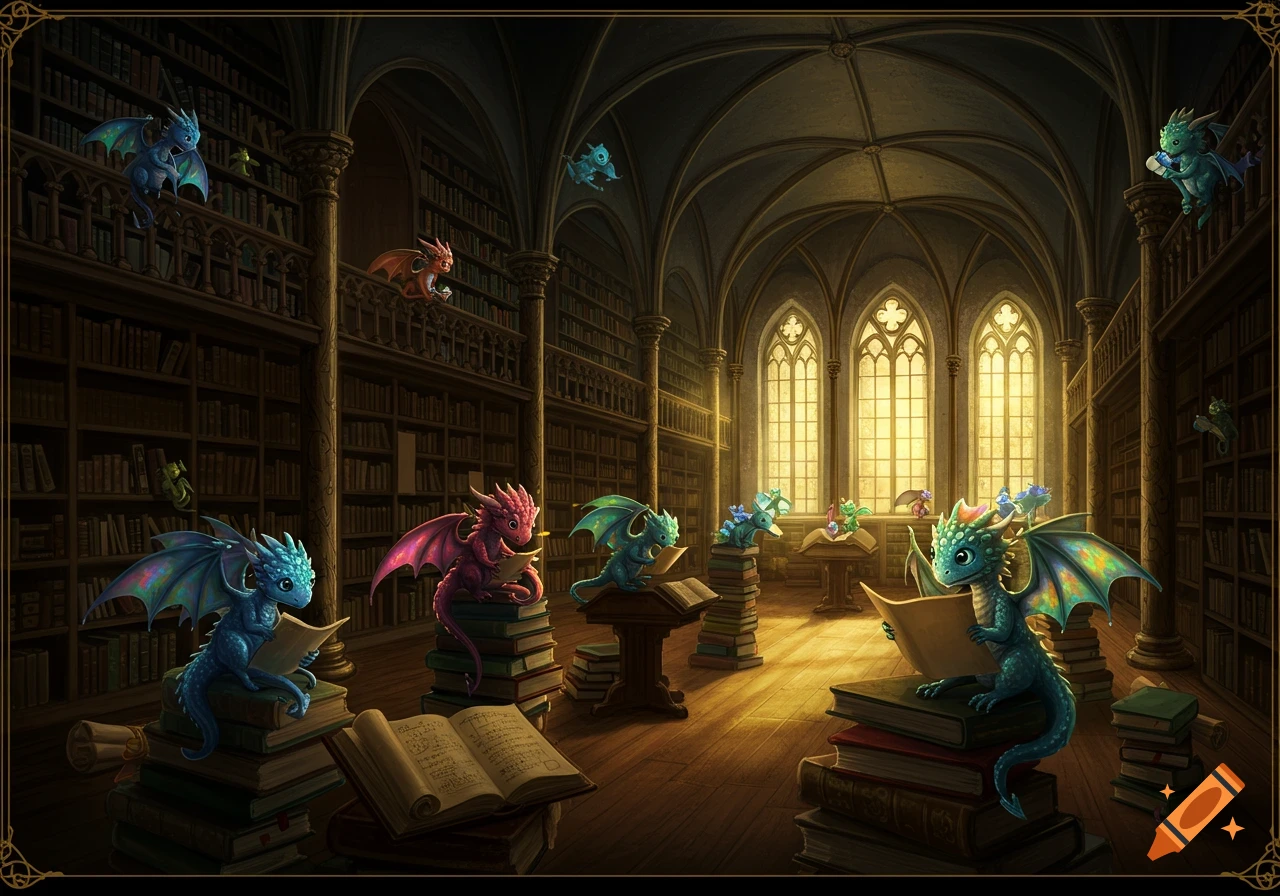 Cute dragons reading books in a large, sunlit gothic library