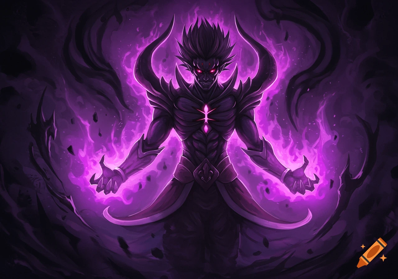 Anime villain with spiky black hair, red eyes, dark armor, and glowing purple energy.