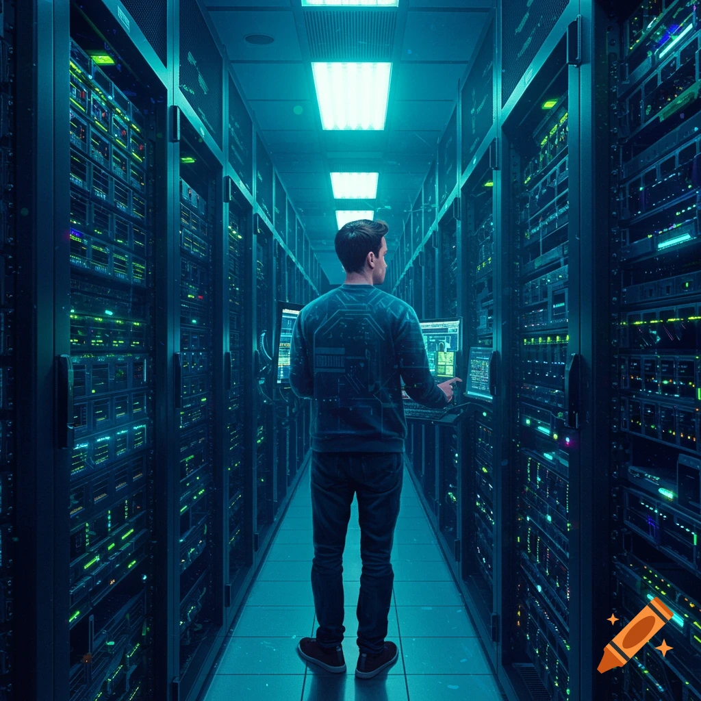 Man stands in a brightly lit server room looking at computer monitors.