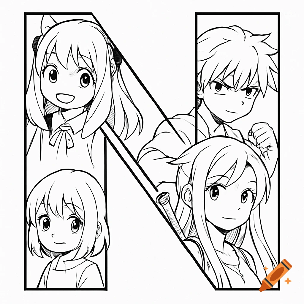Black and white line art of anime characters arranged within a large letter N