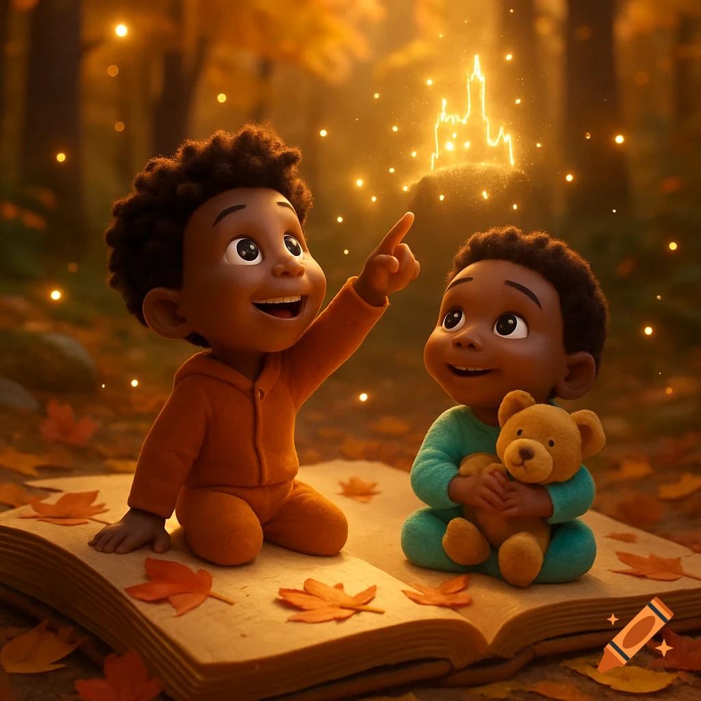 Two cartoon children sit on a giant storybook in an autumn forest looking at a glowing castle.