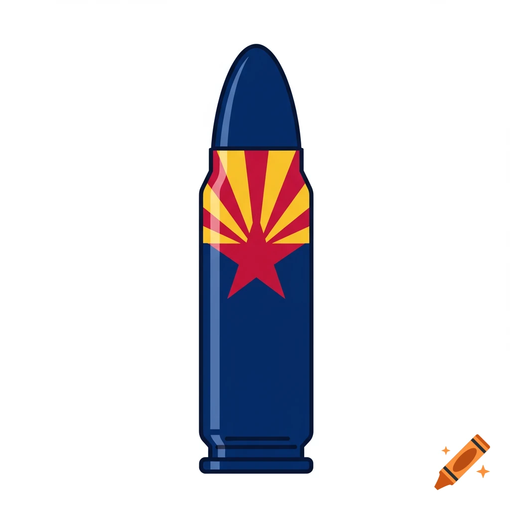 A graphic illustration of a bullet decorated with the Arizona state flag.