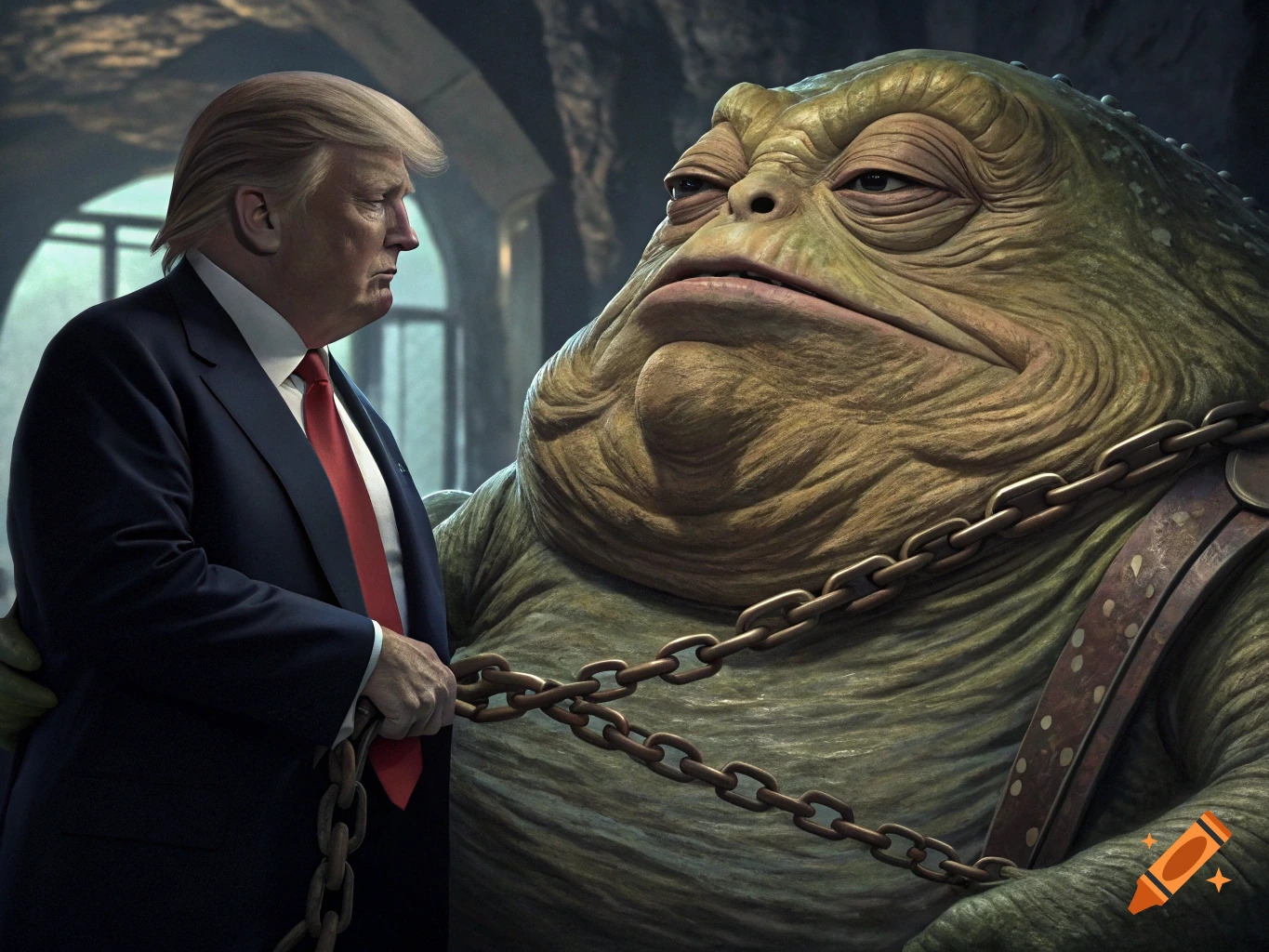 Donald Trump in a suit stands next to Jabba the Hutt holding a chain in a cinematic style.