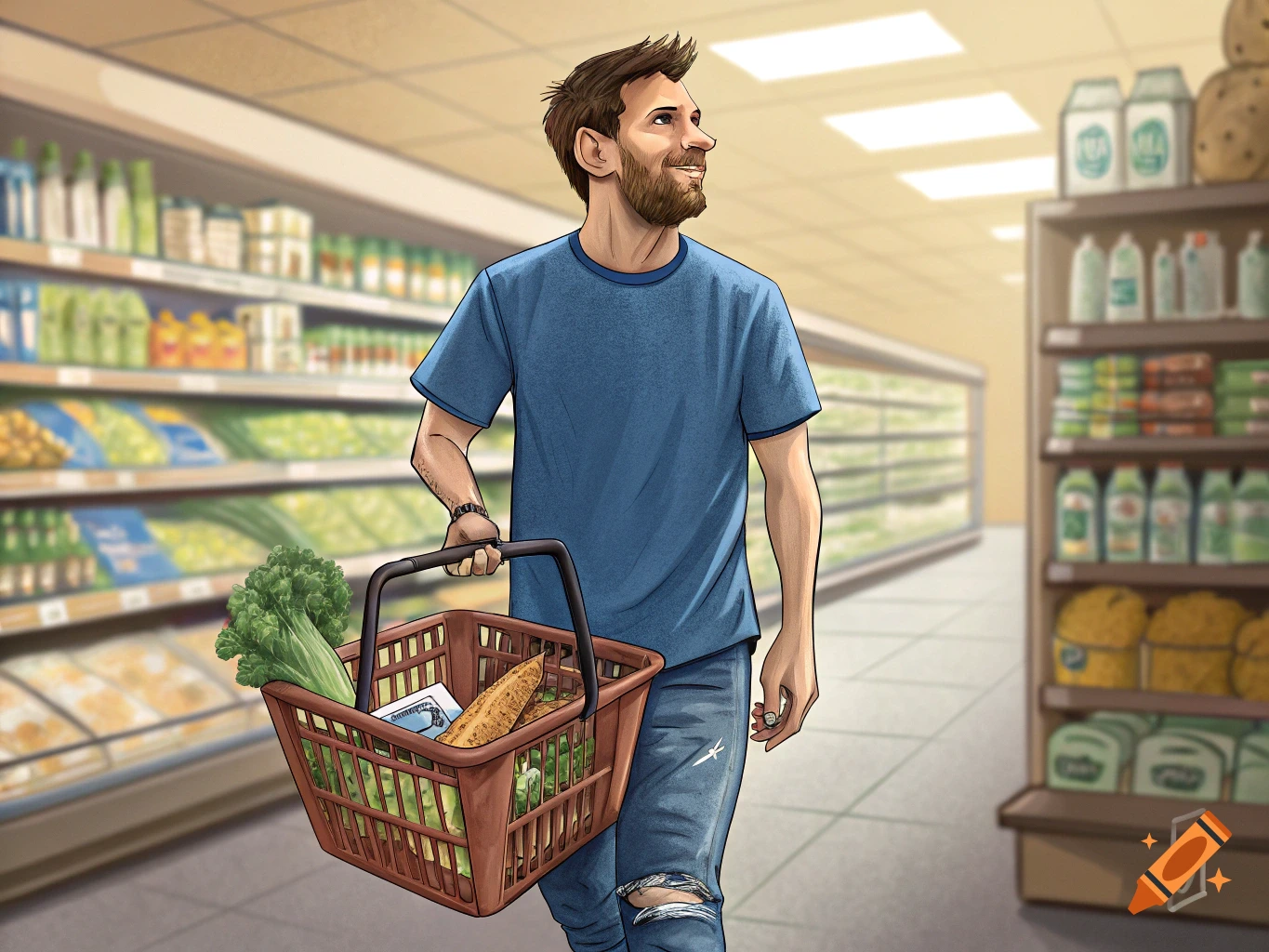 Illustration of a man resembling Lionel Messi shopping for groceries in a supermarket aisle.