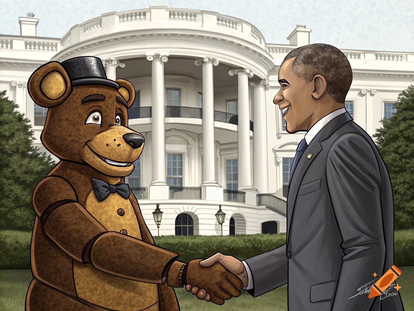 Cartoon of Freddy Fazbear shaking hands with Barack Obama in front of the White House