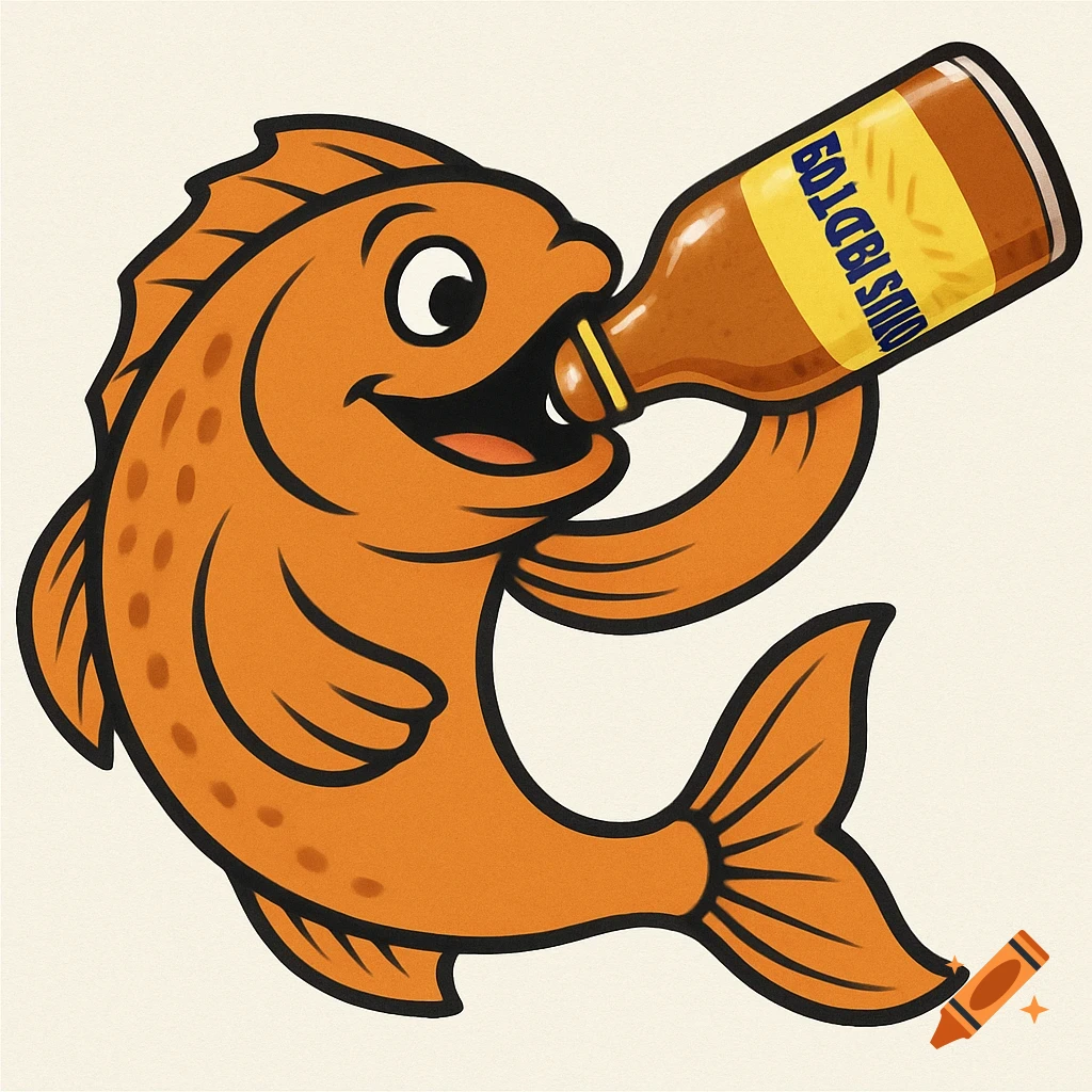Cartoon orange fish drinking from a bottle