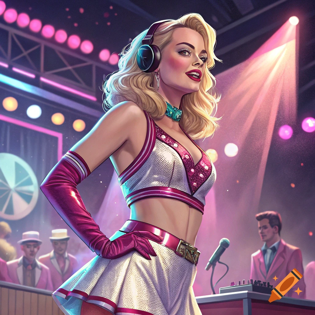 Retro illustration of a woman DJ with headphones performing on a stage.