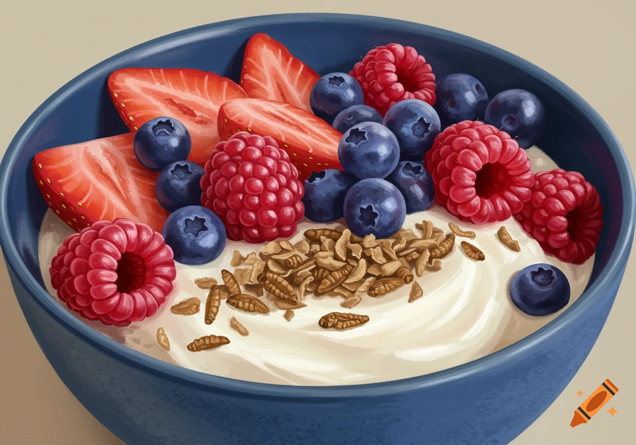 A close-up painting of a yogurt bowl filled with strawberries, raspberries, blueberries, granola, and insect larvae.