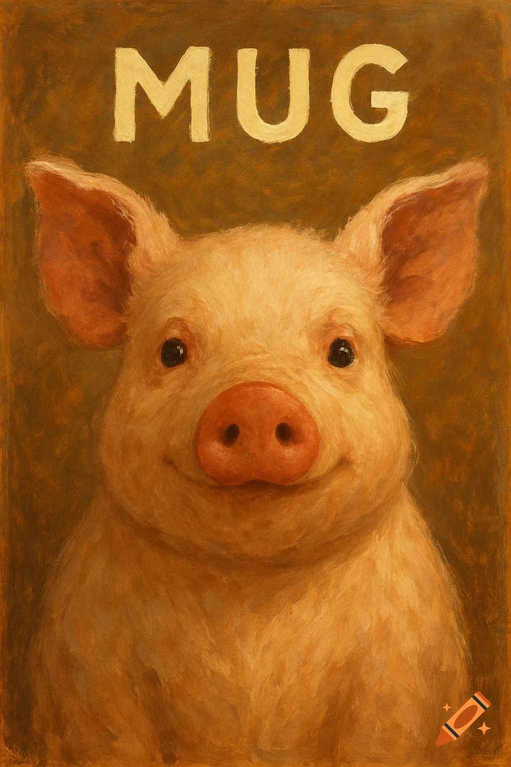 Painting of a smiling pig with the word MUG above its head