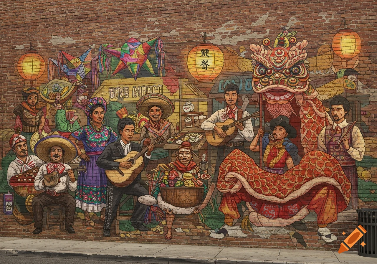 A colorful mural on a brick wall depicts a street celebration with people playing music, food, pinatas, lanterns, and a Chinese dragon dance.