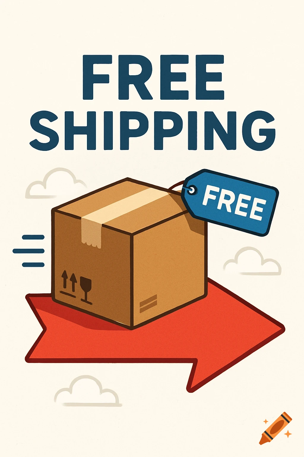 Illustration of a box on a red arrow with 'FREE SHIPPING' text and a 'FREE' tag.