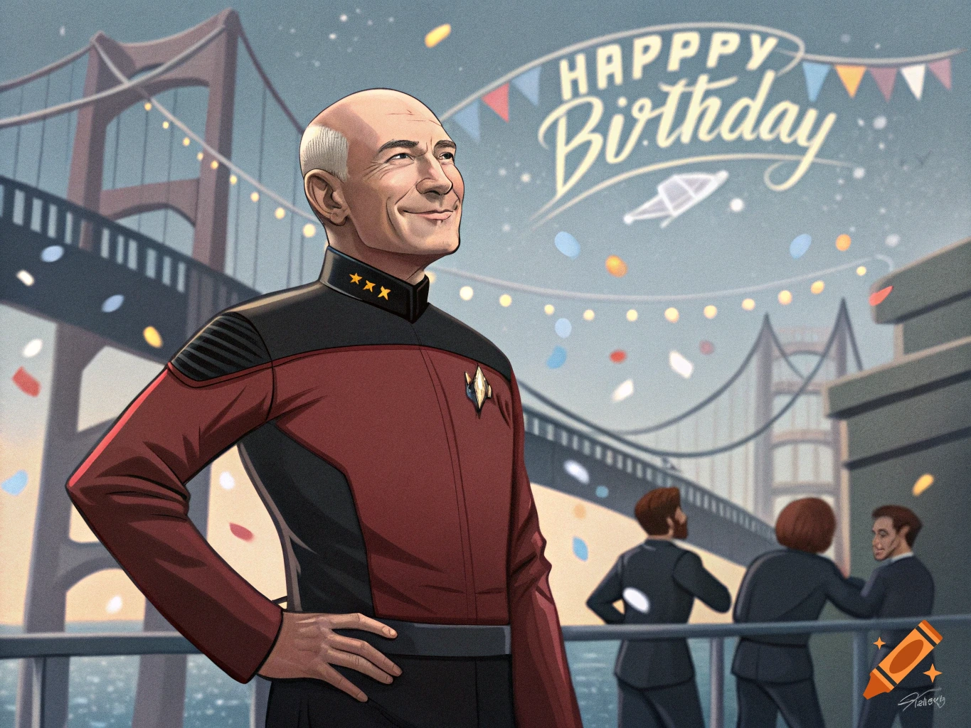 Captain Picard in uniform smiling, with the Golden Gate bridge and birthday decorations behind him.