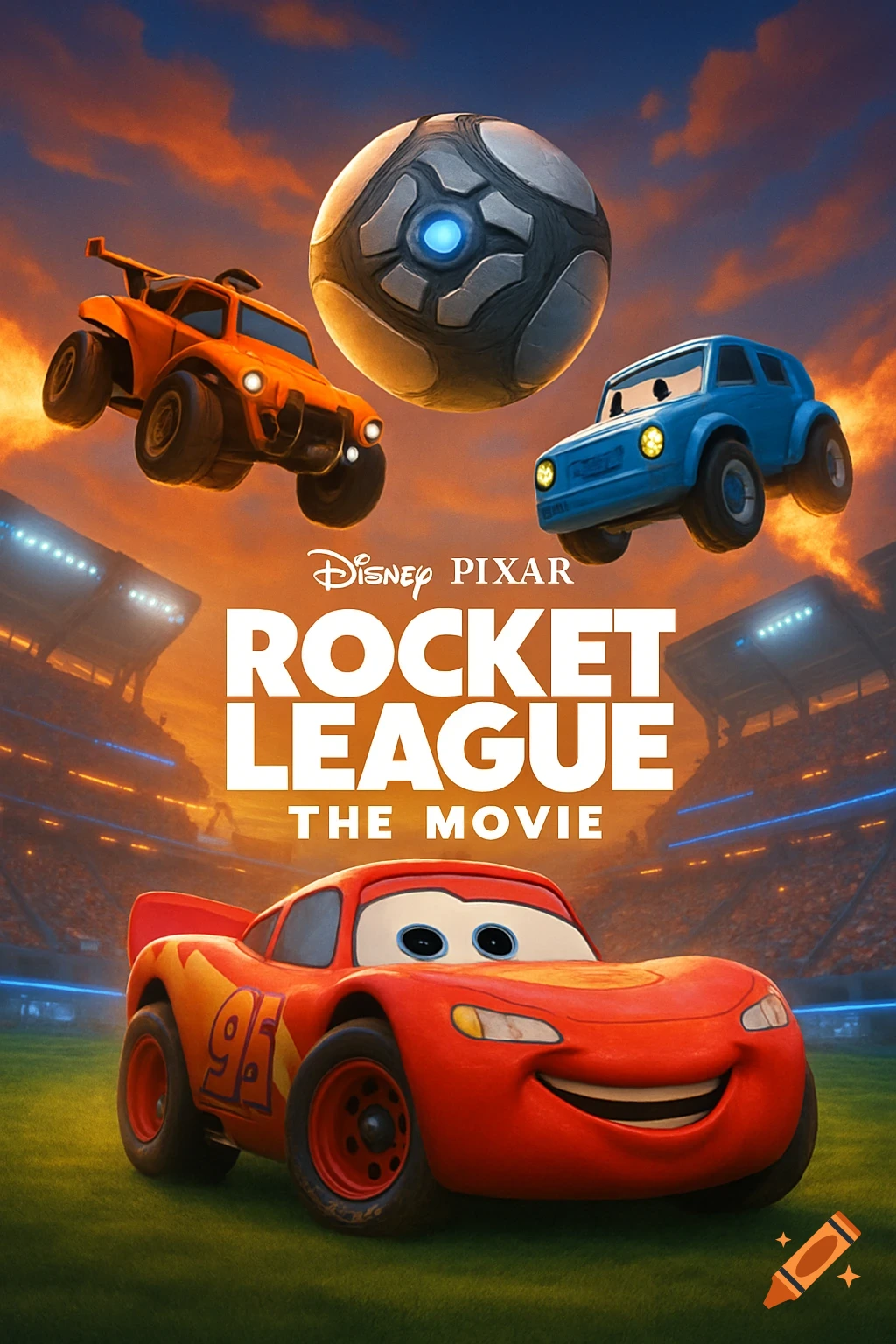 A movie poster in Pixar style featuring Lightning McQueen and other cars from Rocket League, with a giant soccer ball and stadium background. Text reads "Disney PIXAR ROCKET LEAGUE THE MOVIE".